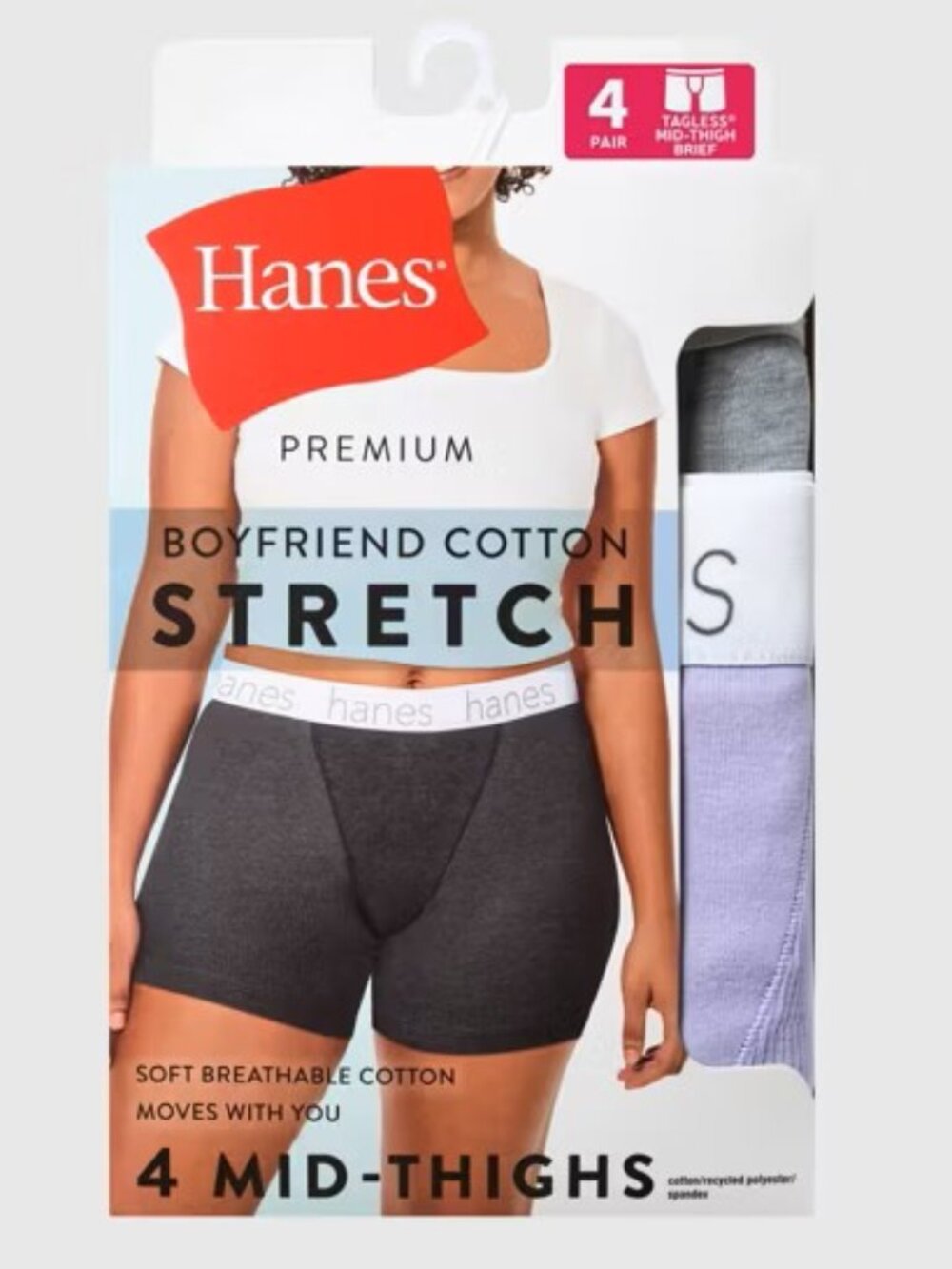 Hanes Premium Boyfriend Cotton Stretch Mid-Thigh Briefs 4 Pack Size 8/XL